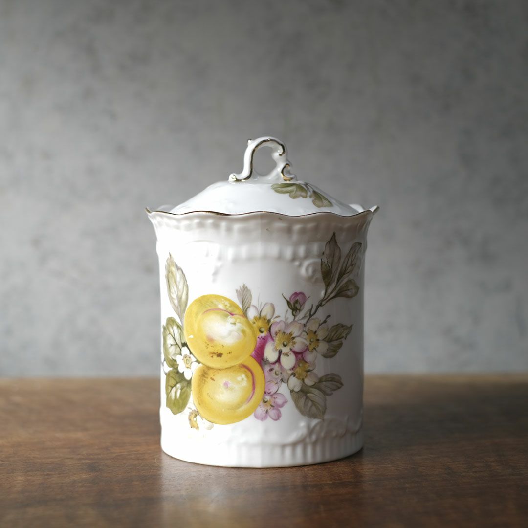 アンティーク 陶器キャニスター 蓋付き フルーツ＆フラワー 1900年頃 イギリス2