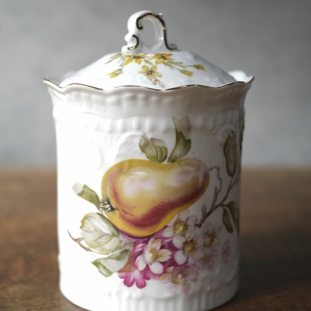 アンティーク 陶器キャニスター 蓋付き フルーツ＆フラワー 1900年頃 イギリス4