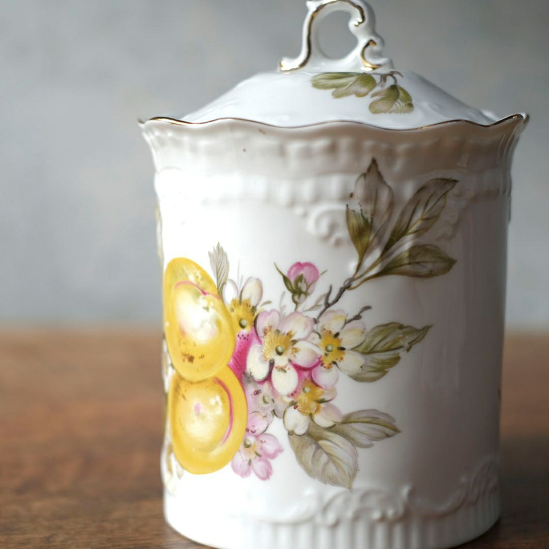 アンティーク 陶器キャニスター 蓋付き フルーツ＆フラワー 1900年頃 イギリス5