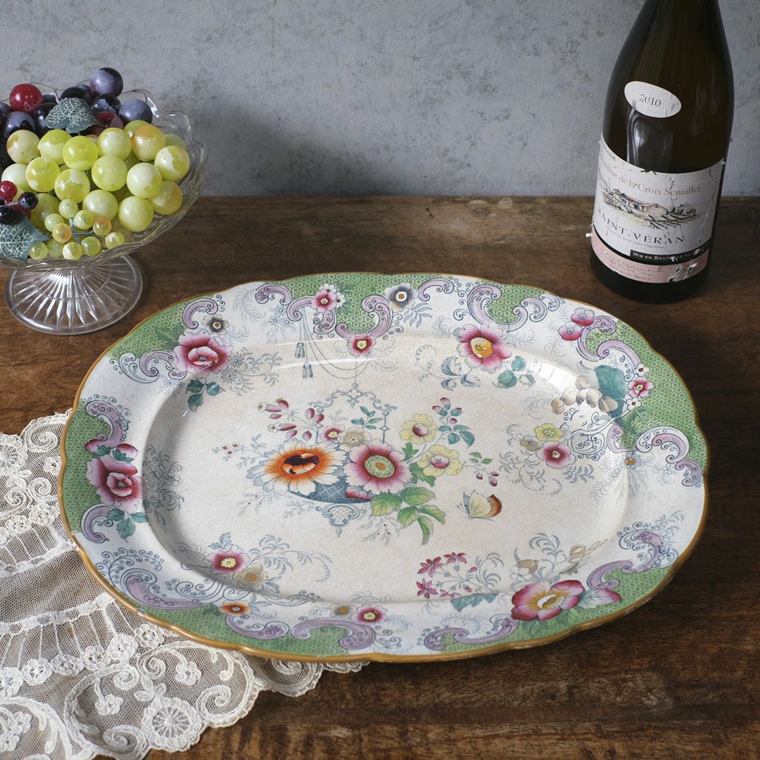 アンティーク(イギリス フランス) > アンティークサービングプレート　フローラルガーランド　緑縁 花籠文様　1800年代前半 イギリス