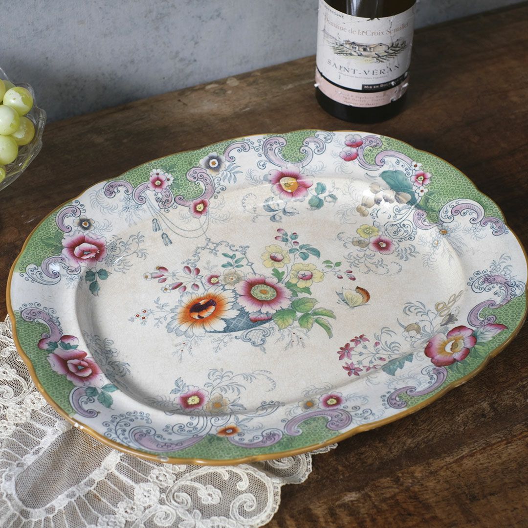 アンティーク(イギリス フランス) > アンティークサービングプレート　フローラルガーランド　緑縁 花籠文様　1800年代前半 イギリス１