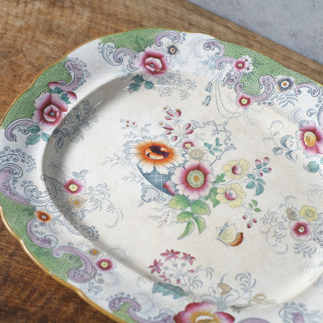 アンティークサービングプレート　フローラルガーランド　緑縁 花籠文様　1800年代前半 イギリス4
