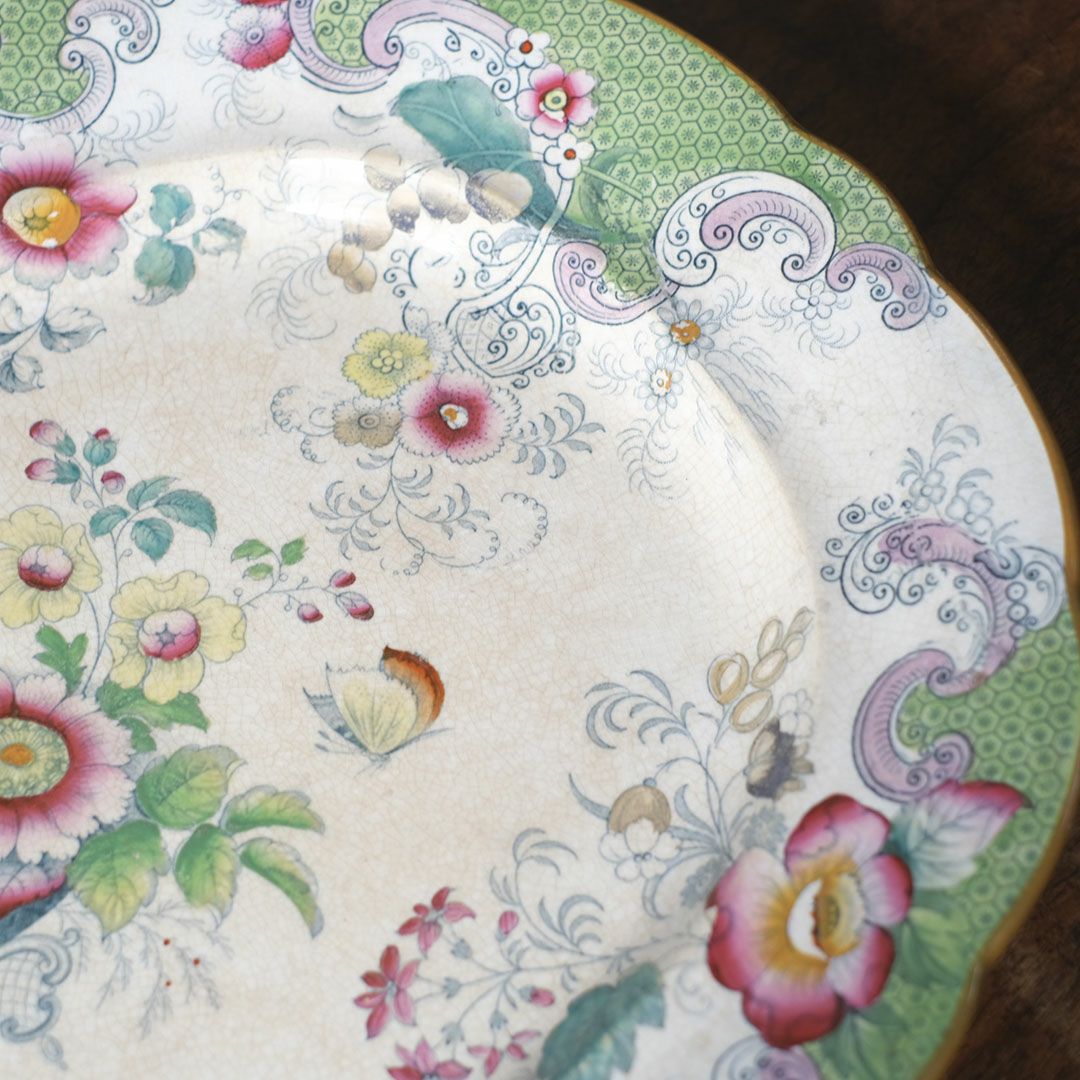 アンティークサービングプレート　フローラルガーランド　緑縁 花籠文様　1800年代前半 イギリス5