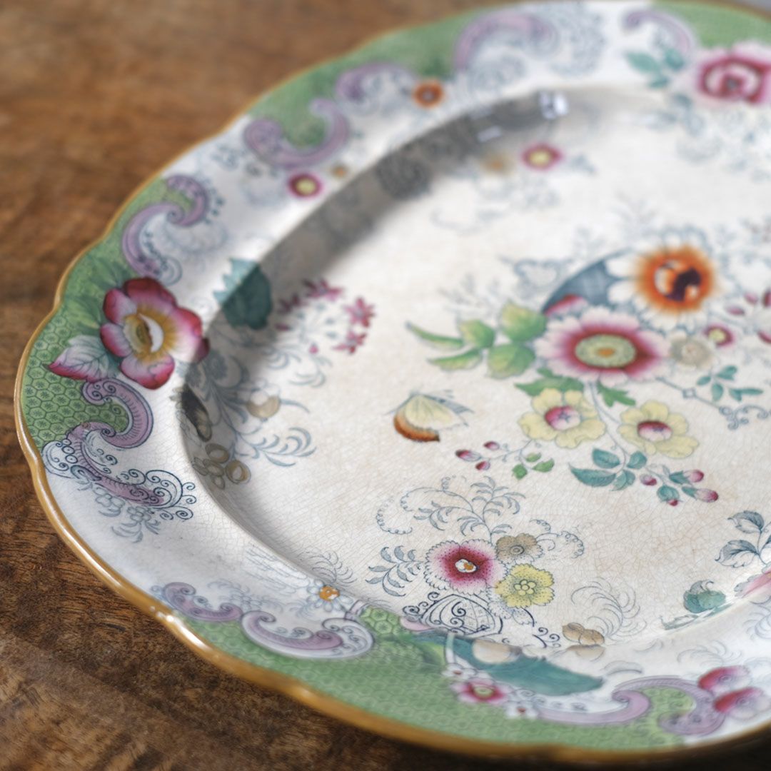 アンティークサービングプレート　フローラルガーランド　緑縁 花籠文様　1800年代前半 イギリス6
