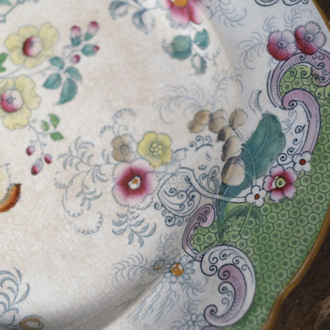 アンティークサービングプレート　フローラルガーランド　緑縁 花籠文様　1800年代前半 イギリス7