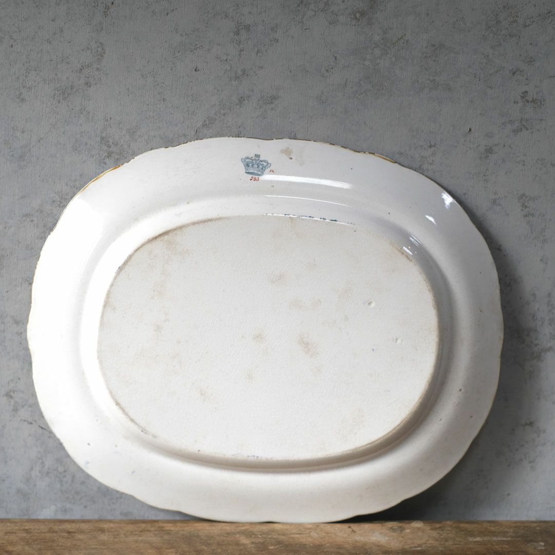 アンティークサービングプレート　フローラルガーランド　緑縁 花籠文様　1800年代前半 イギリス8