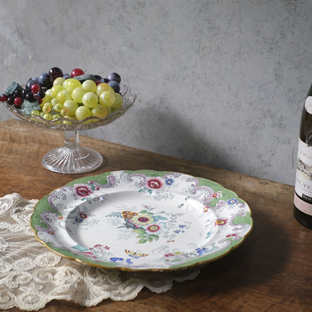 アンティークプレート　フローラルガーランド　緑縁 花籠文様 19世紀後半　イギリス 