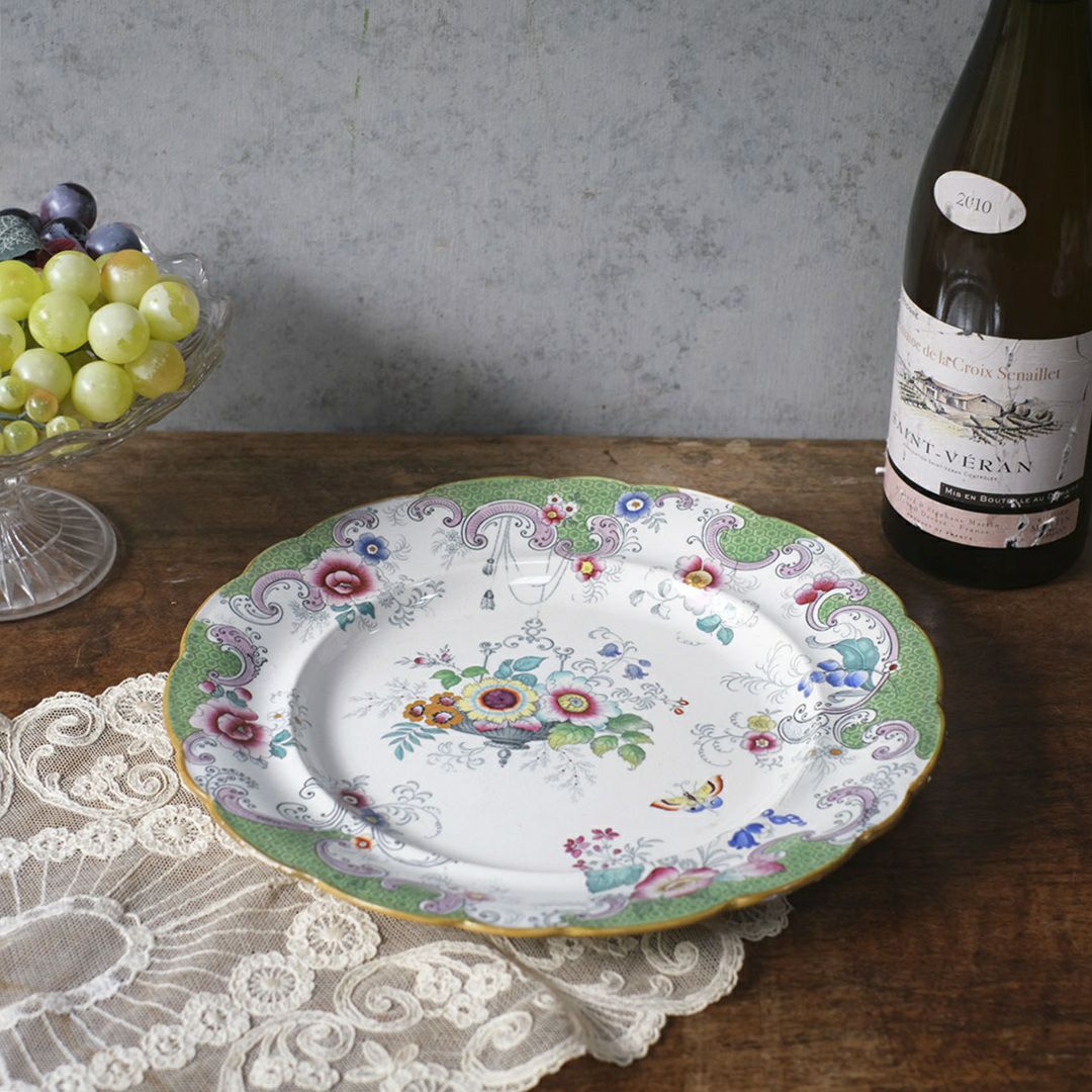 アンティークプレート　フローラルガーランド　緑縁 花籠文様 19世紀後半　イギリス 1