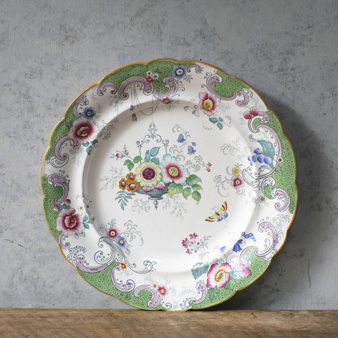 アンティークプレート　フローラルガーランド　緑縁 花籠文様 19世紀後半　イギリス 2