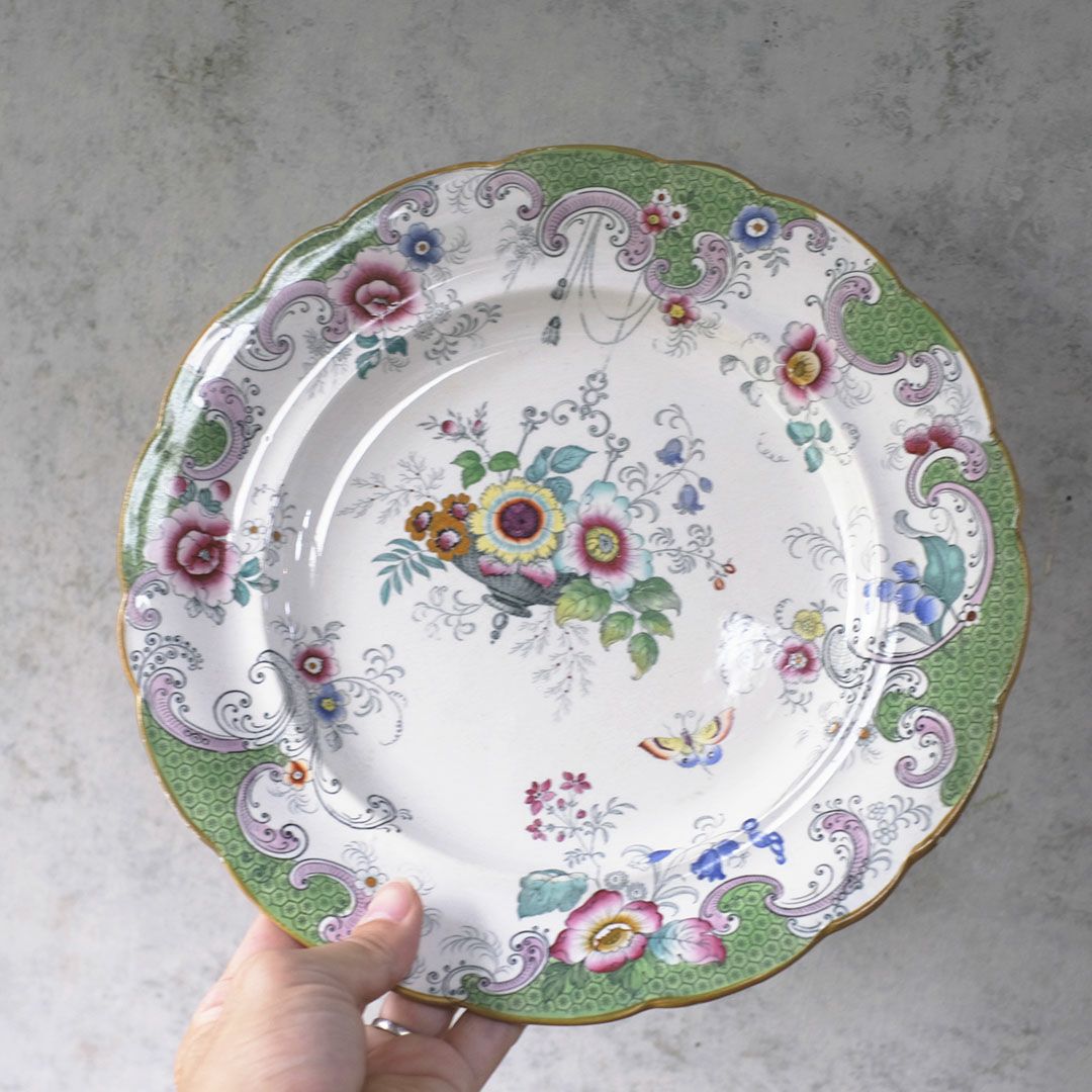 アンティークプレート　フローラルガーランド　緑縁 花籠文様 19世紀後半　イギリス 3