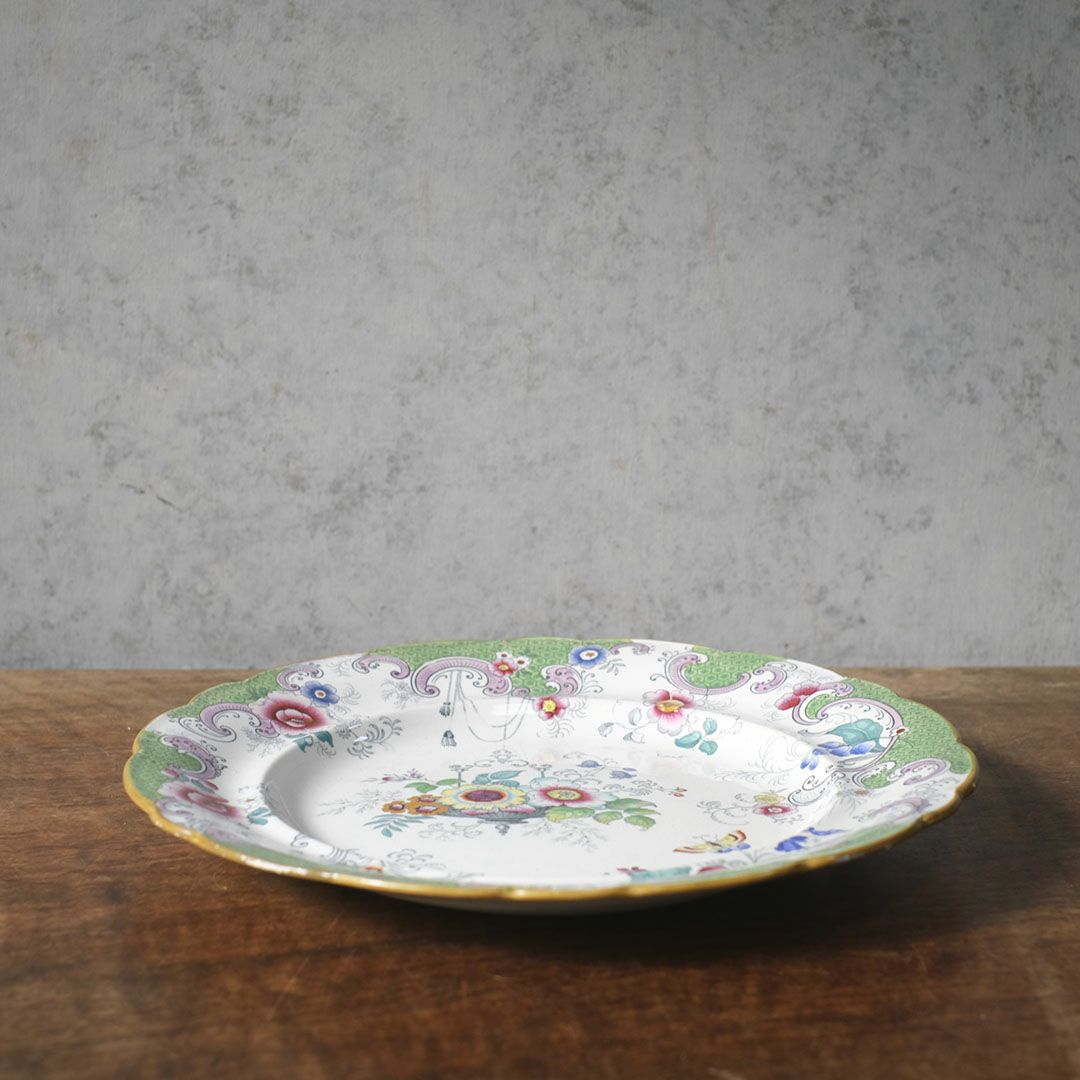 アンティークプレート　フローラルガーランド　緑縁 花籠文様 19世紀後半　イギリス 4
