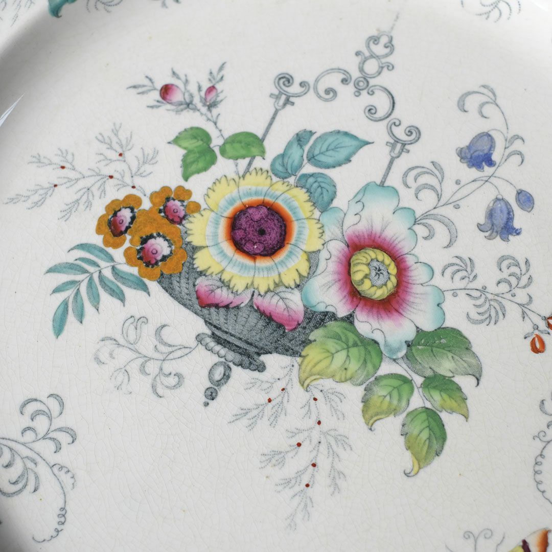 アンティークプレート　フローラルガーランド　緑縁 花籠文様 19世紀後半　イギリス 8