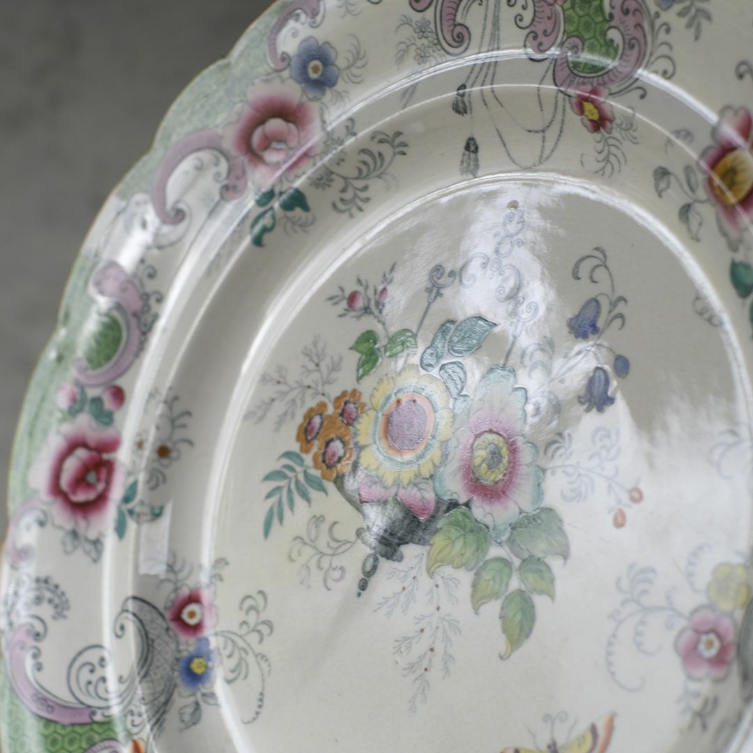 アンティークプレート　フローラルガーランド　緑縁 花籠文様 19世紀後半　イギリス 9