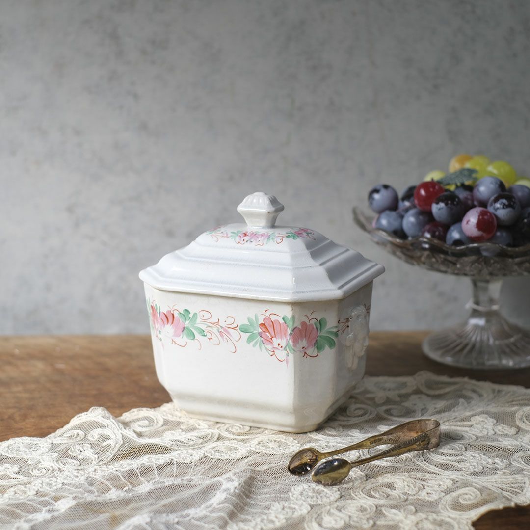 アンティーク シュガーポット 陶器　花模様 Choisy-le-Roi ショワジールロワ 1800年代後半フランス