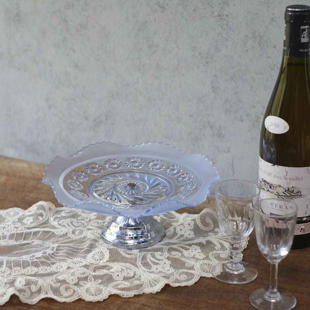 ヴィンテージケーキスタンド ガラスコンポート 青いガラス イギリス