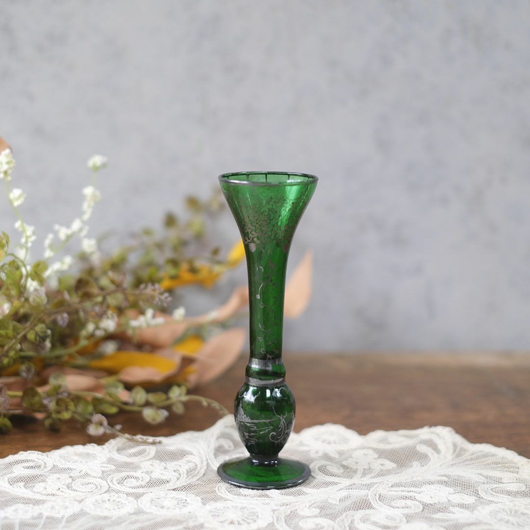 アンティークフラワーベース 花瓶 一輪挿し 緑のガラス イタリア1