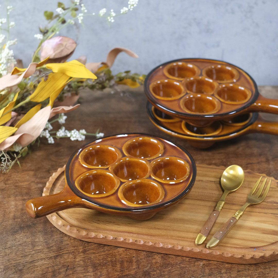 ヴィンテージ 陶器製 エスカルゴ用 サービング ディッシュ  ブラウン 6ポケット ハンドル付き フランス