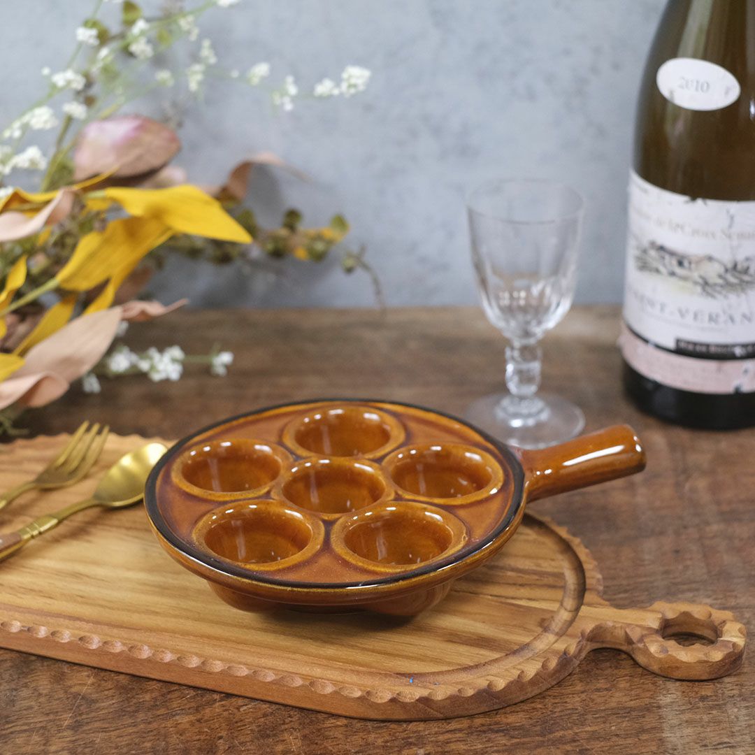 ヴィンテージ 陶器製 エスカルゴ用 サービング ディッシュ  ブラウン 6ポケット ハンドル付き フランス1