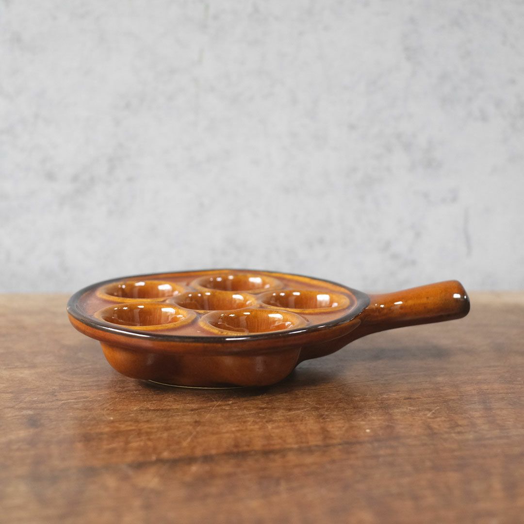 ヴィンテージ 陶器製 エスカルゴ用 サービング ディッシュ  ブラウン 6ポケット ハンドル付き フランス3