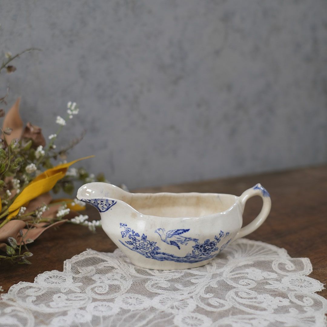 アンティーク ソースポット ブルー花鳥文様 磁器製