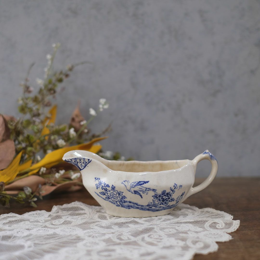 アンティーク ソースポット ブルー花鳥文様 磁器製1