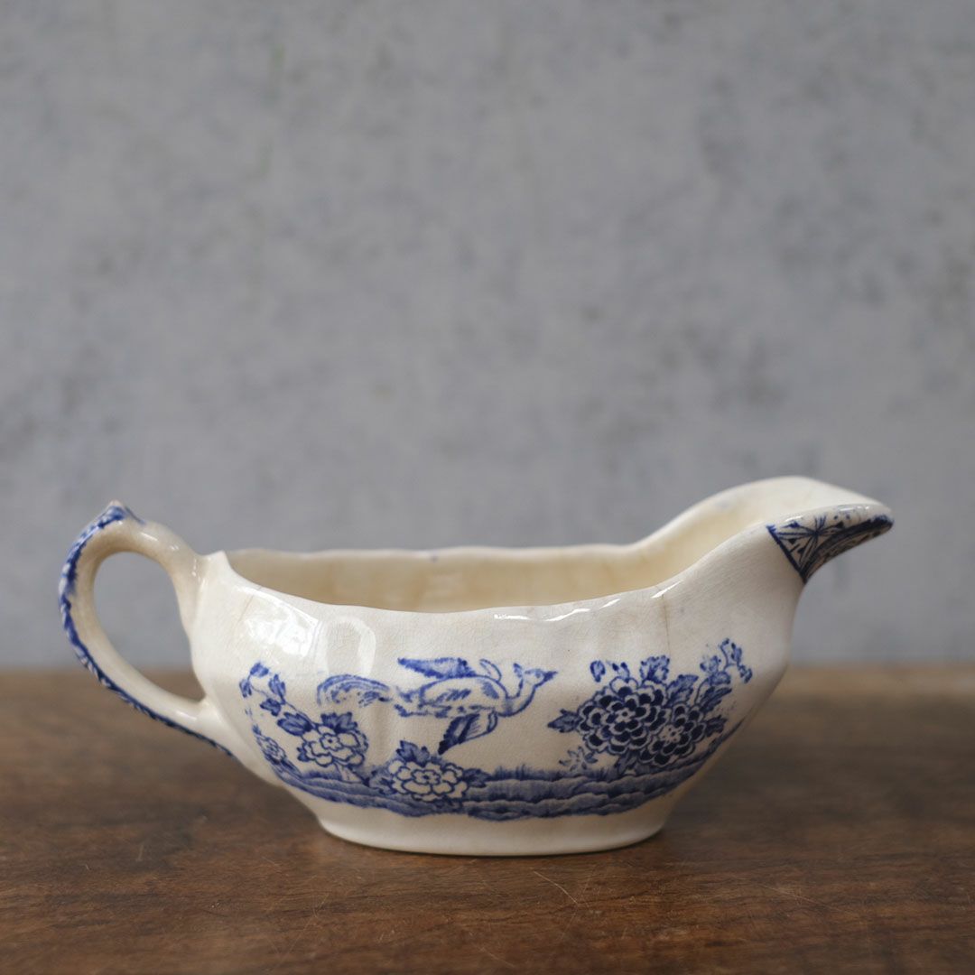 アンティーク ソースポット ブルー花鳥文様 磁器製3
