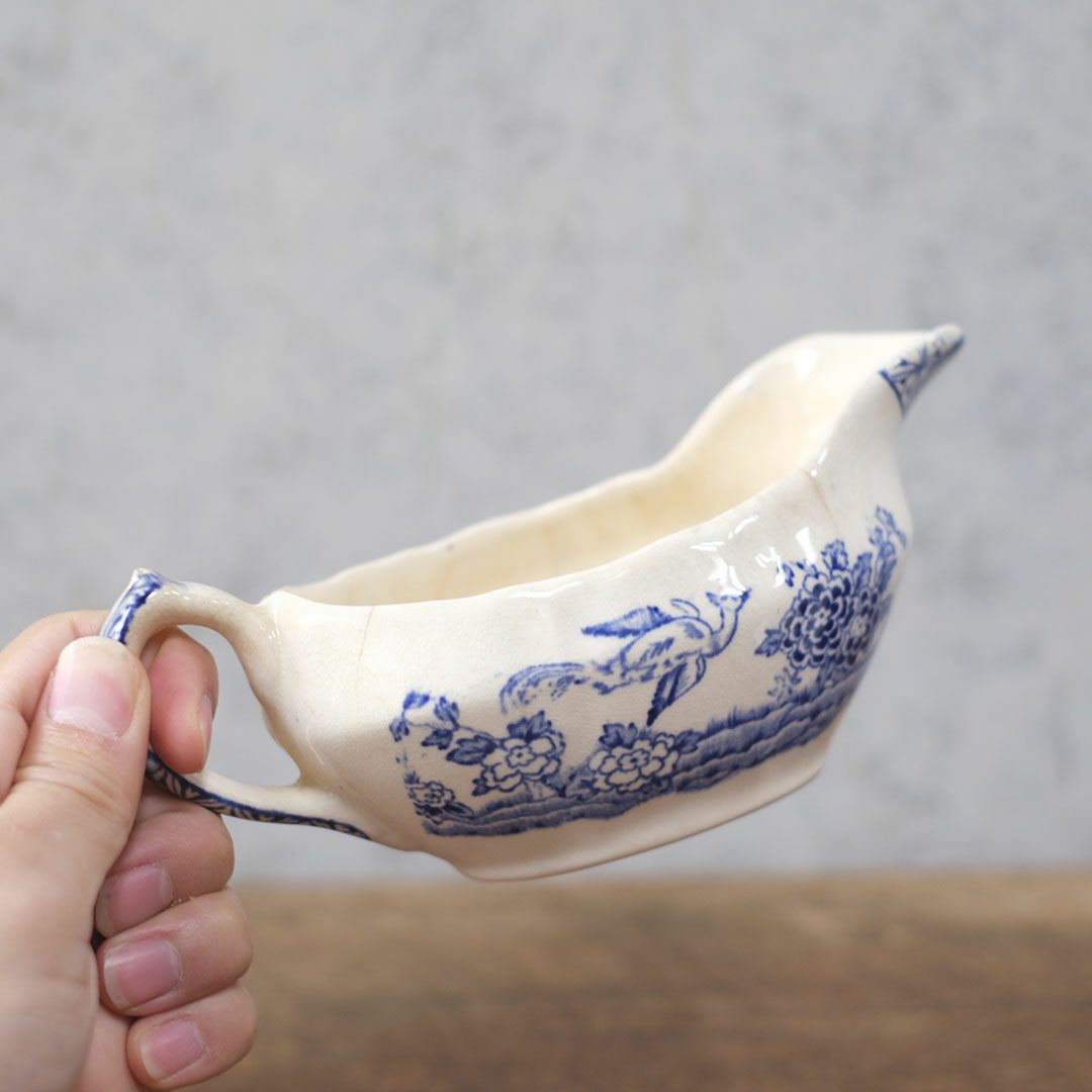 アンティーク ソースポット ブルー花鳥文様 磁器製4