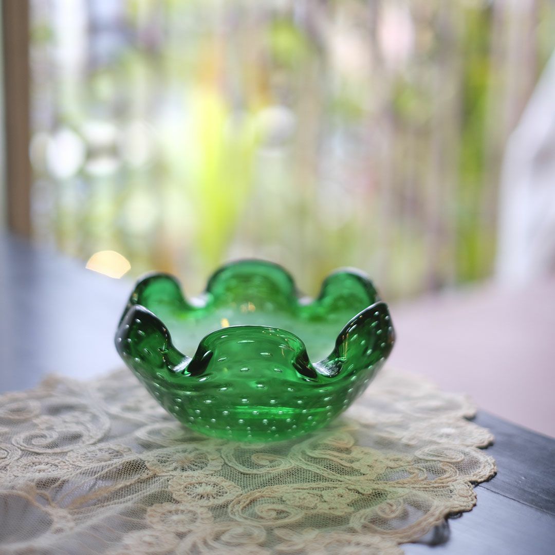 ヴィンテージムラーノガラスオブジェ MURANO ボウル 緑 灰皿 イタリア