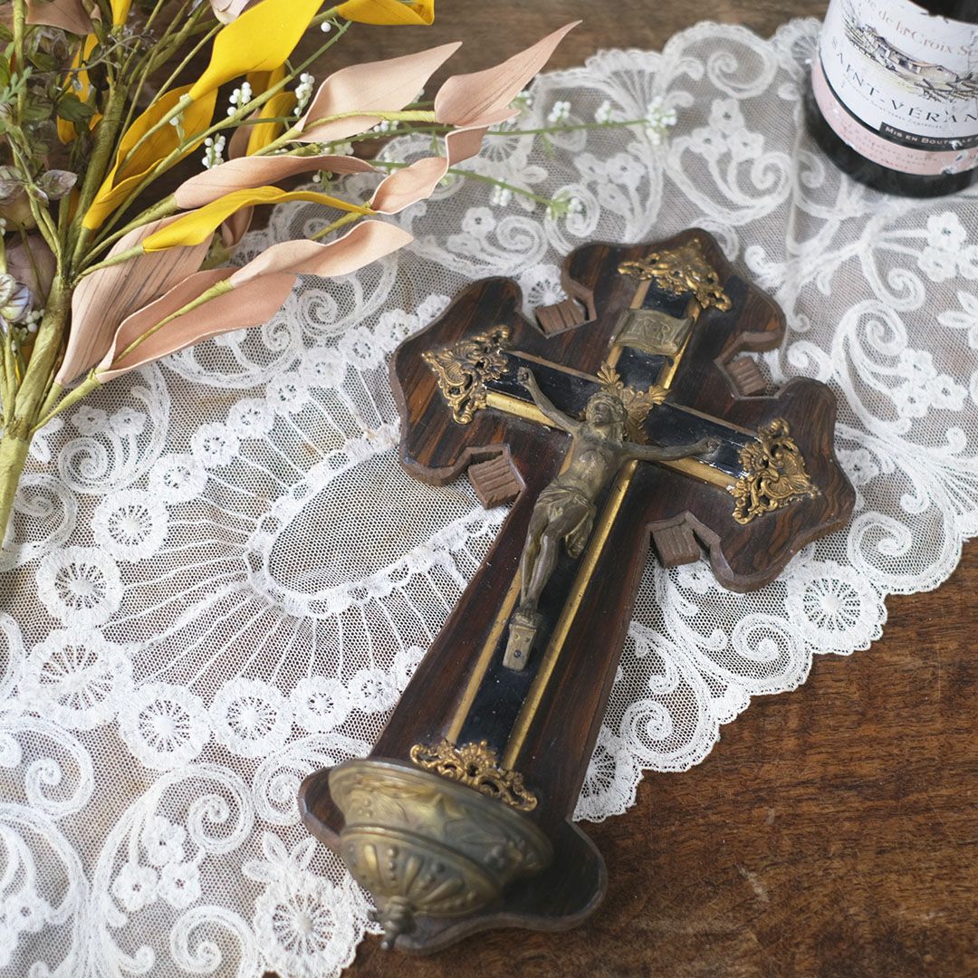 アンティーク十字架 キリスト 木製ベース 宗教小物 フランス