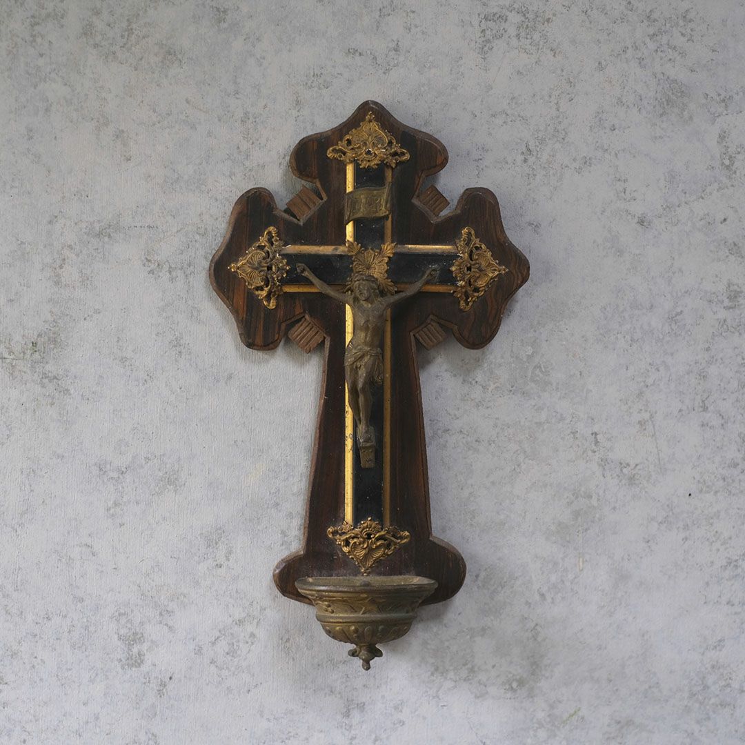 アンティーク十字架 キリスト 木製ベース 宗教小物 フランス1