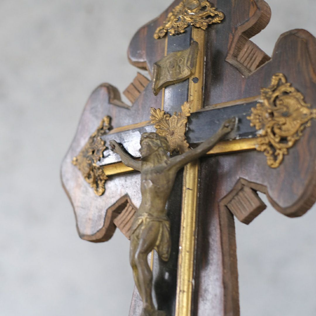 アンティーク十字架 キリスト 木製ベース 宗教小物 フランス3