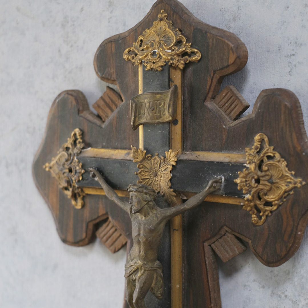 アンティーク十字架 キリスト 木製ベース 宗教小物 フランス4