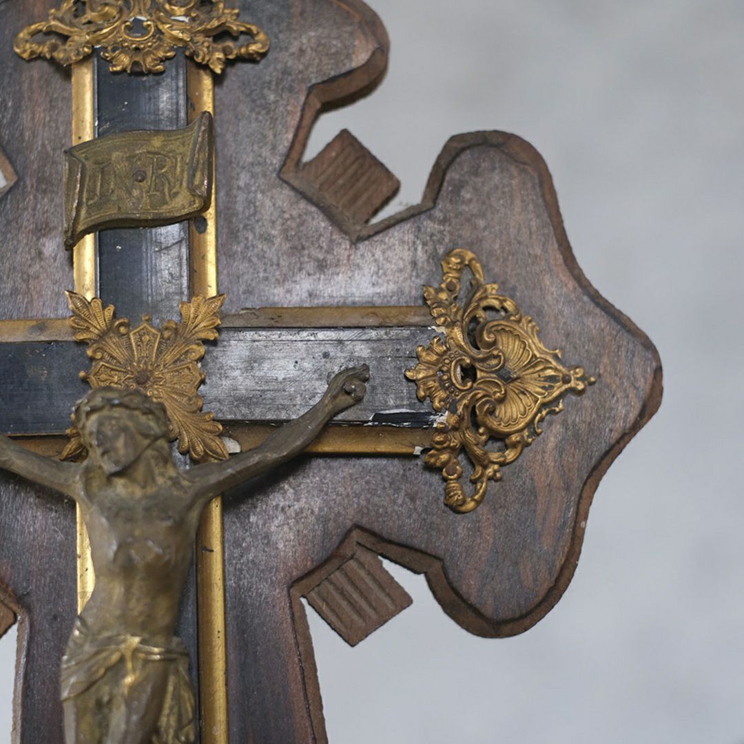アンティーク十字架 キリスト 木製ベース 宗教小物 フランス5