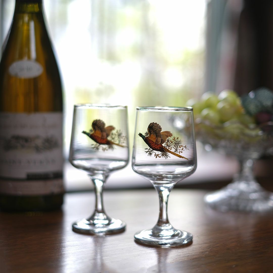 アンティーク風 ペアグラス キジモチーフ 金縁 ワイングラス