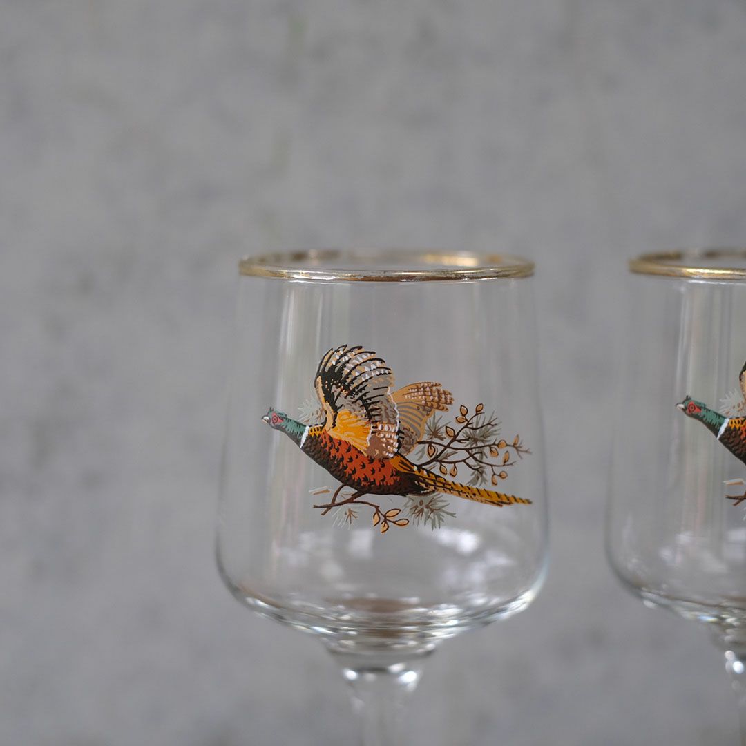 フランス製 ヴィンテージ ガラス ワイングラス ペア 飛翔するキジ 模様