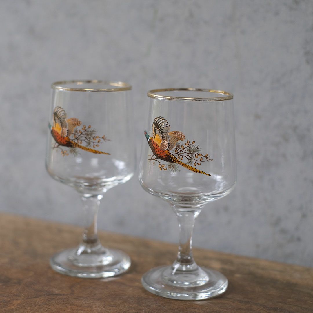 森の鳥 キジデザイン フランスヴィンテージグラス ペア ワイン用