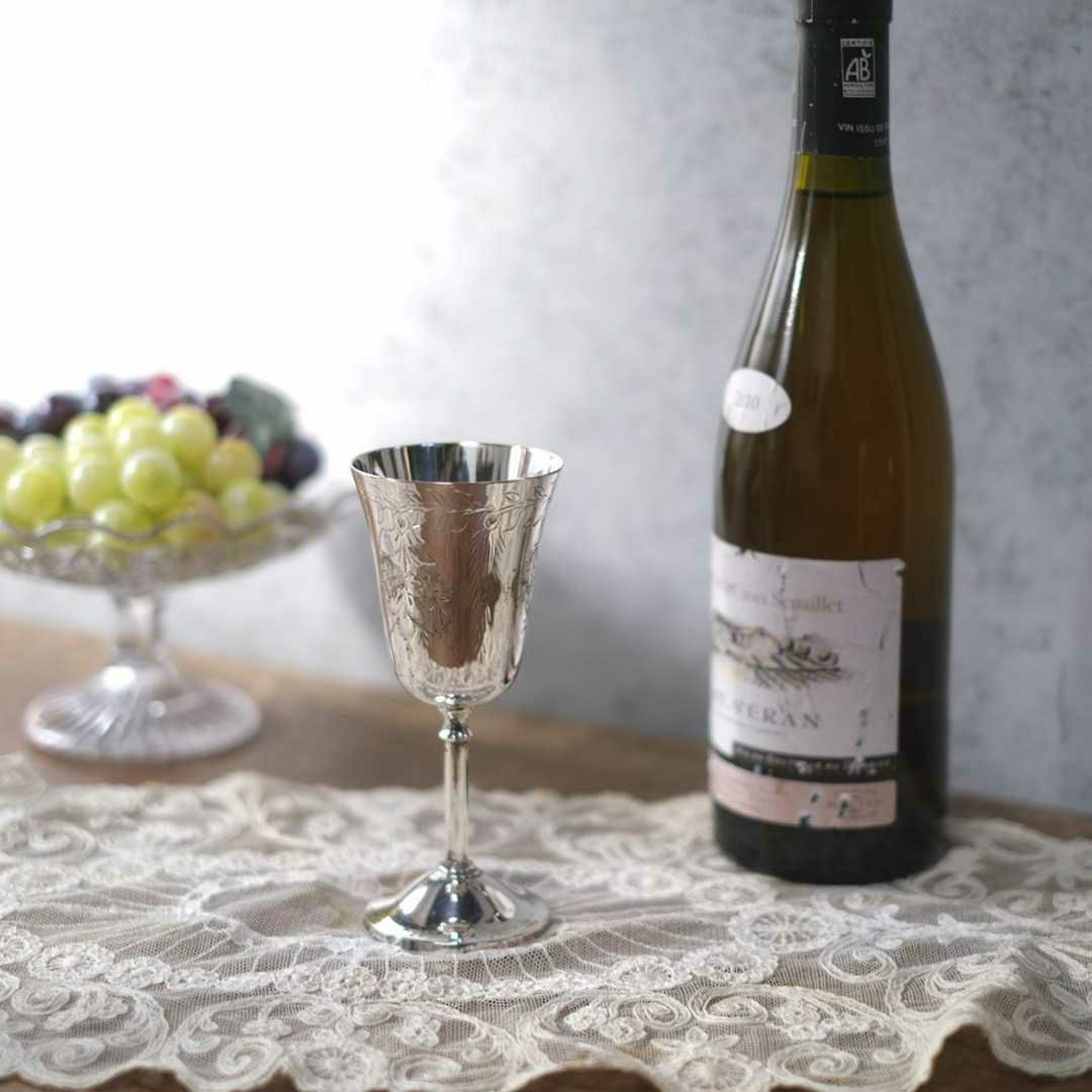 アンティークワイングラス コブレット エーヴィング装飾 シルバープレート 銀メッキ イギリス