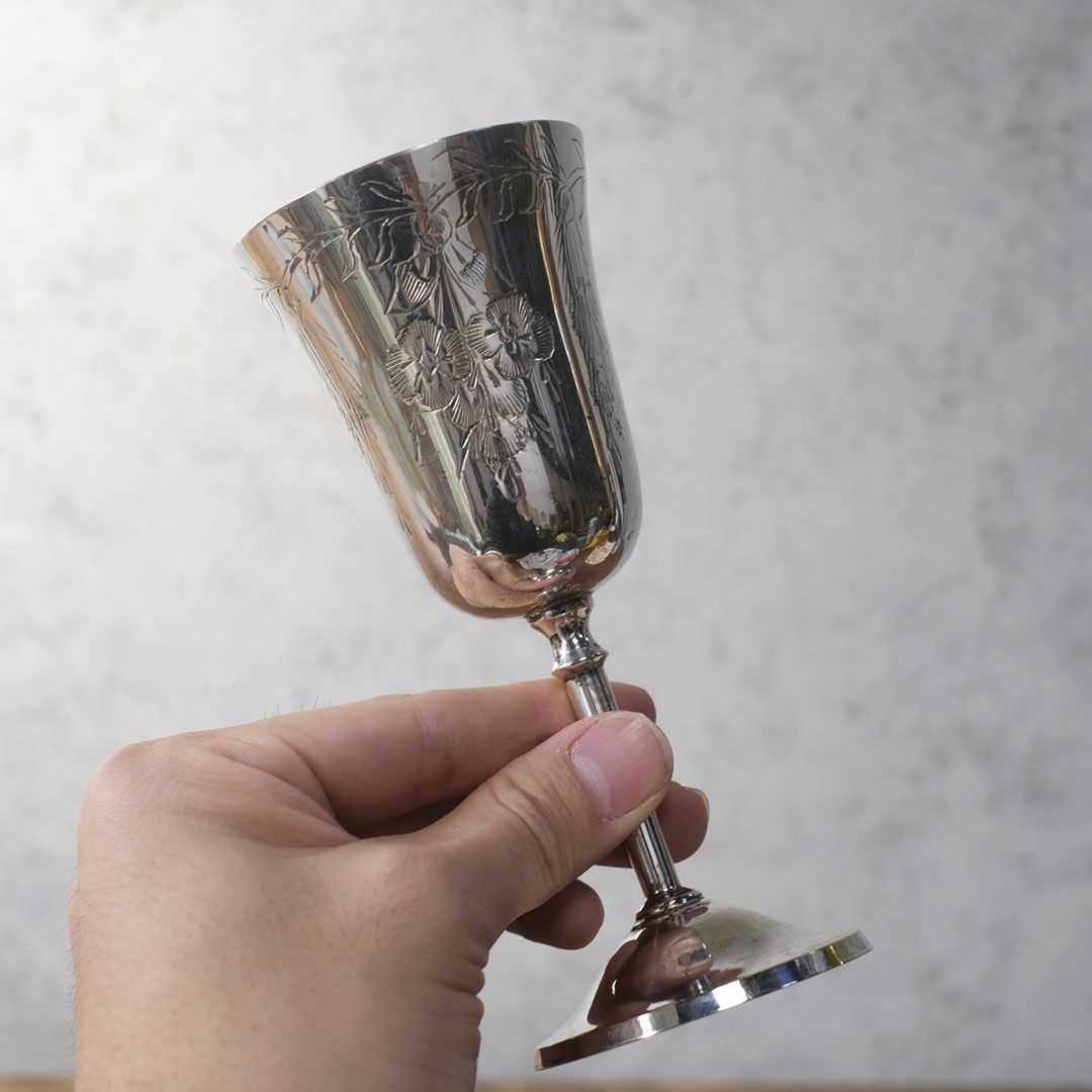 アンティークワイングラス コブレット エーヴィング装飾 シルバープレート 銀メッキ 5