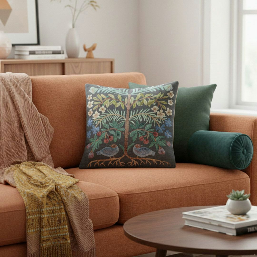 松尾ミユキ クッションカバー トゥーバード 2羽の鳥 厚手のゴブラン織り1