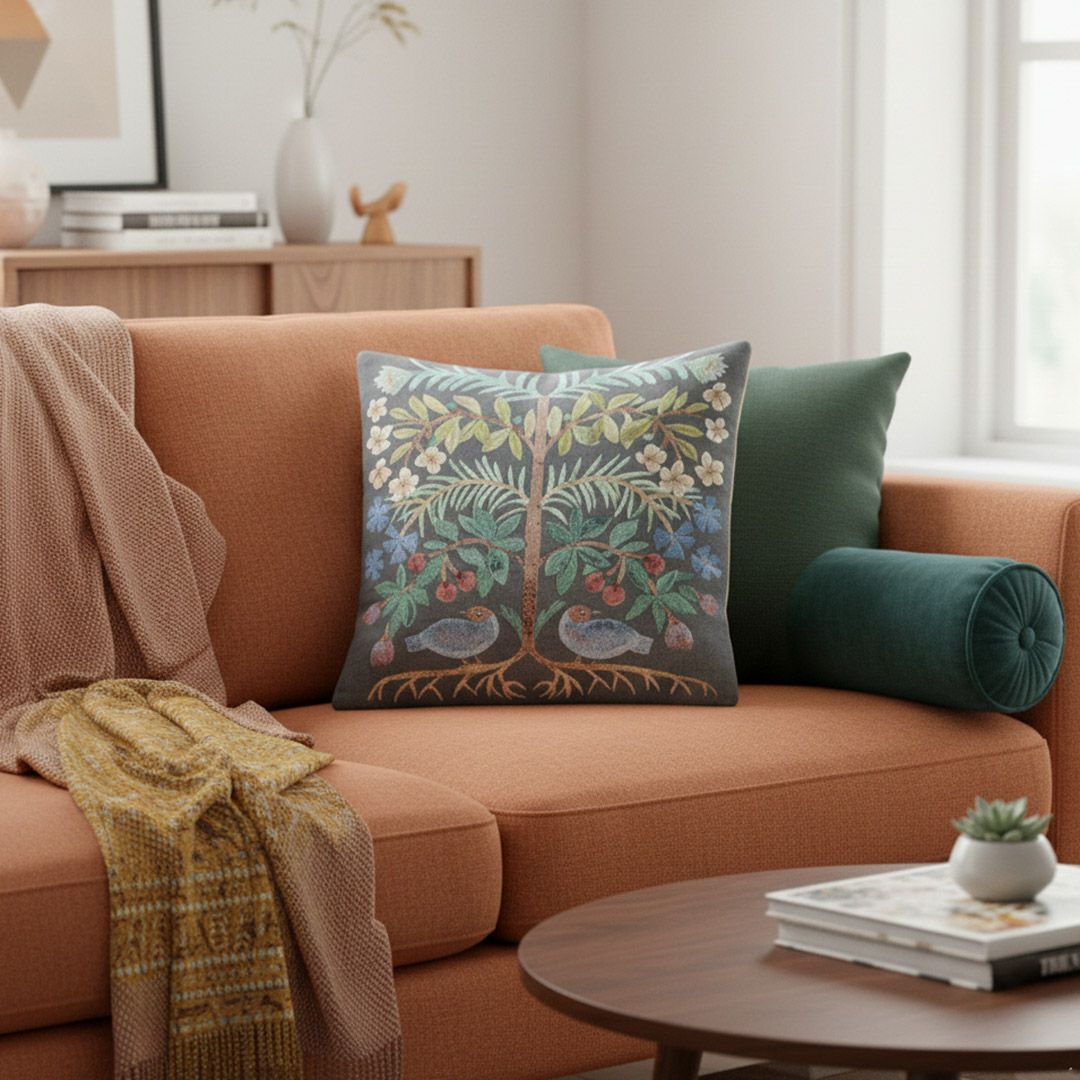 松尾ミユキ クッションカバー トゥーバード 2羽の鳥 厚手のゴブラン織り1