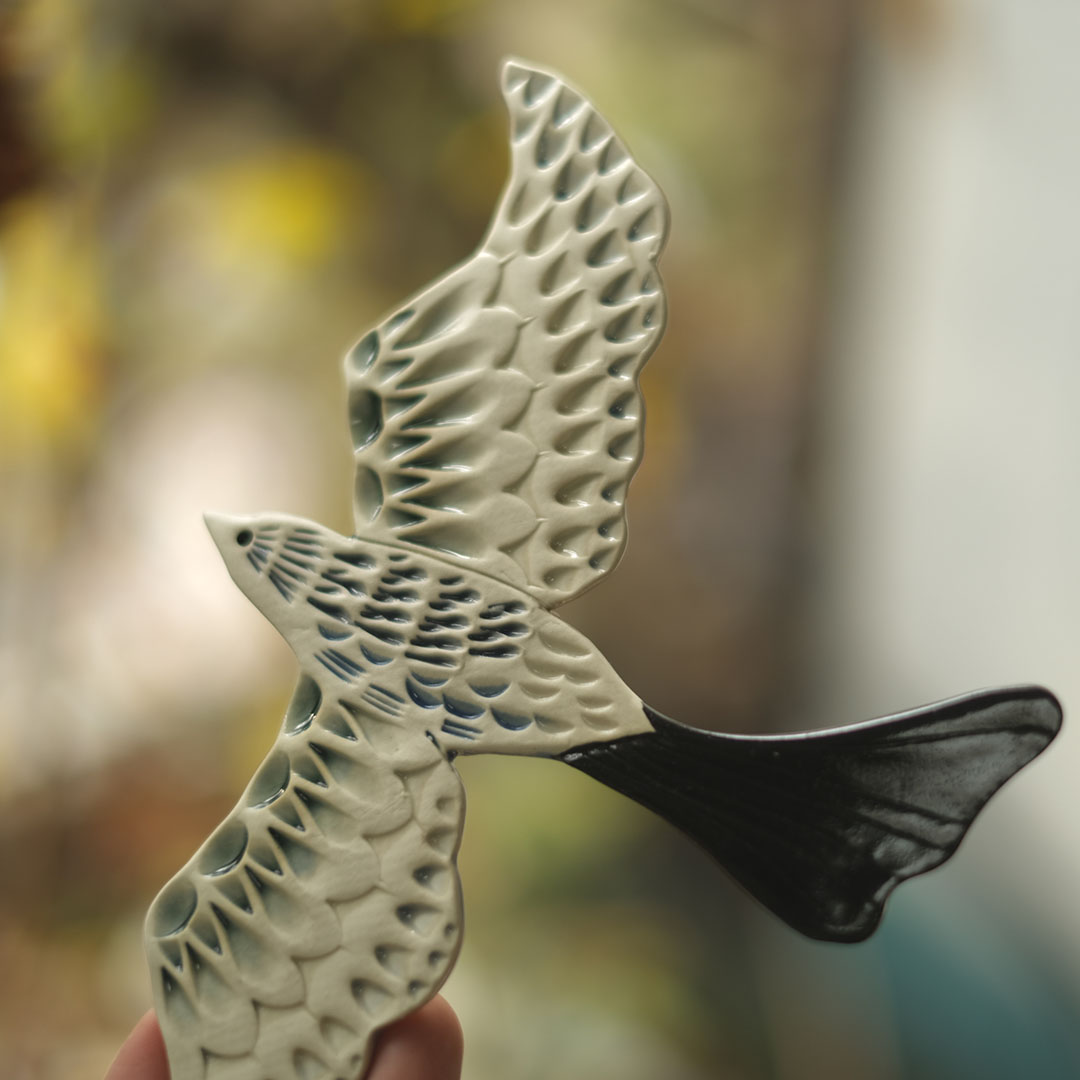 陶器の鳥のアートオブジェ Pottery studio K 金子ひとみ 作家物 空舞う鳥8