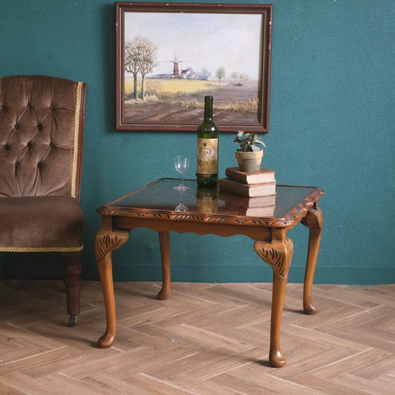 ヴィンテージサイドテーブル コーヒーテーブル ガラストップ 猫脚