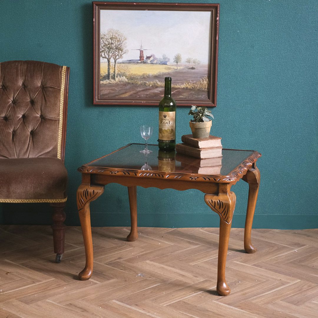 ヴィンテージサイドテーブル コーヒーテーブル ガラストップ 猫脚 イギリス