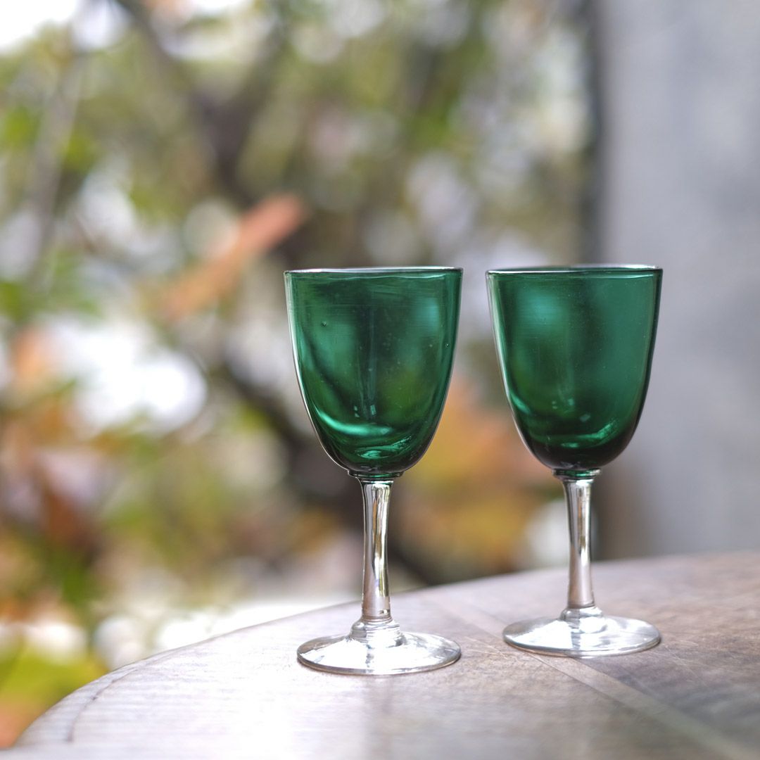 アンティーク ワイングラス/ブリストルグリーン イギリス 深いグリーンカラーが特徴的な吹きガラス/アンティーク食器3