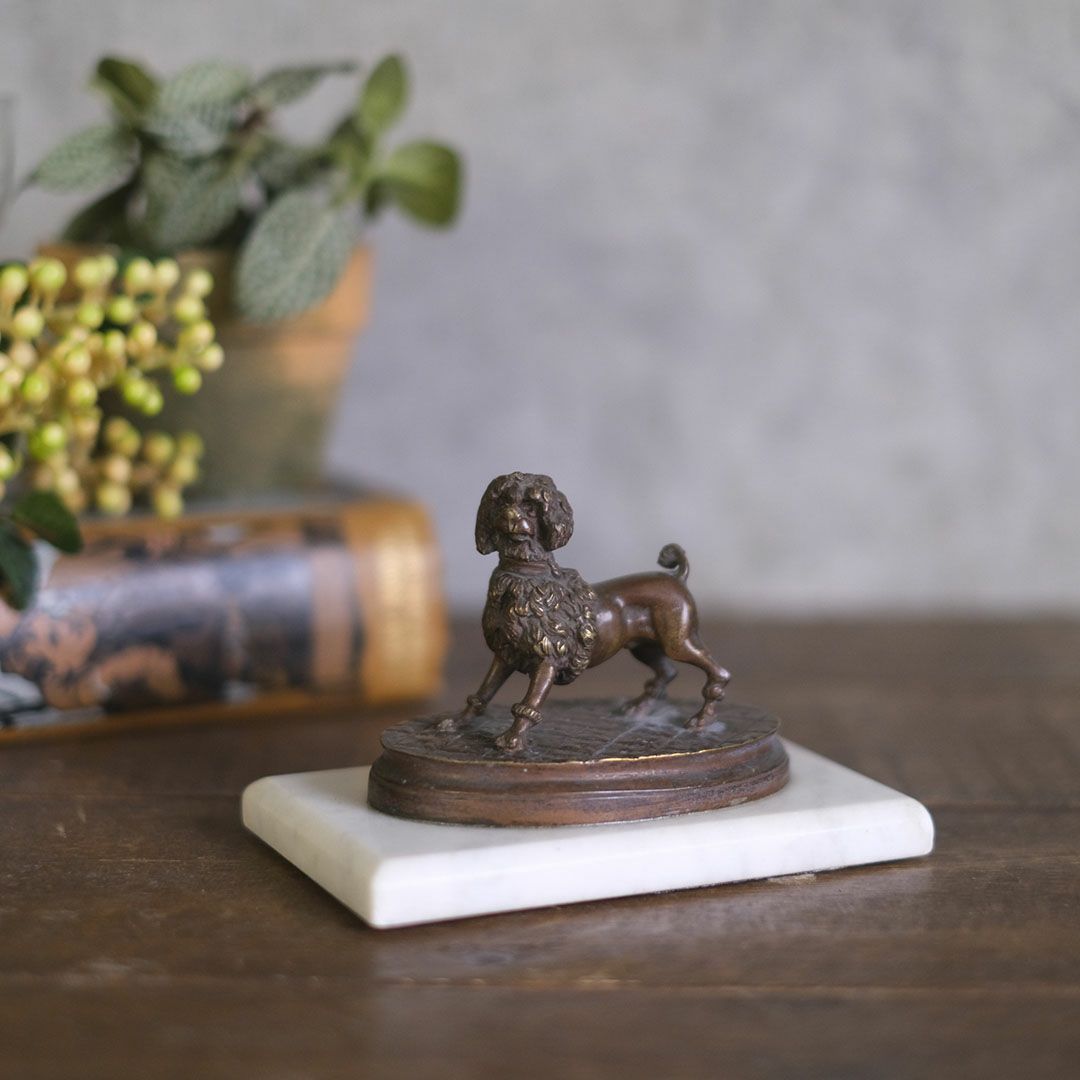 アンティーク ブロンズプードル 大理石 小さな犬の置物 フランスの通販